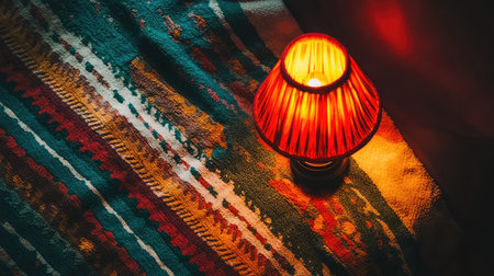 A warm table lamp casts a soft glow on a vibrant textile background, creating a cozy ambiance perfect for home decor and relaxation.の素材