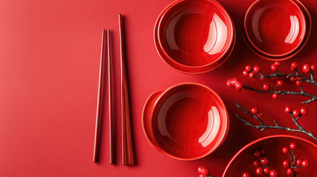 A vibrant arrangement of red tableware featuring bowls, chopsticks, and decorative branches. This still life captures elegance and cultural richness, perfect for dining and festive occasions.の素材