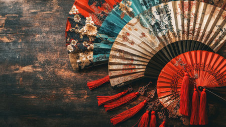 A stunning arrangement of decorative hand fans showcasing vibrant colors and intricate designs on a rustic wooden table, perfect for cultural themes.の素材