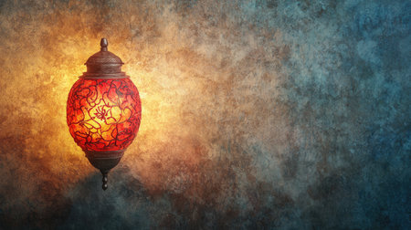 A beautiful red lantern casts a warm glow against a textured vintage wall, creating an inviting atmosphere ideal for art and decor projects.の素材