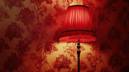 This captivating image features an elegant red lamp with a pleated shade, set against a vintage floral wallpaper background, creating a warm and inviting interior ambiance.の素材