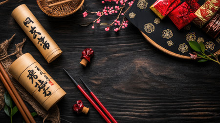 Discover a serene setup for a traditional Chinese tea ceremony featuring wooden utensils, intricate scrolls, and vibrant floral decorations that embody cultural elegance.の素材