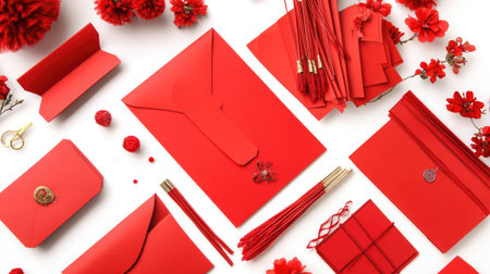 A captivating flatlay of elegant red stationery and floral elements, perfect for invitations, celebrations, or creative projects, showcasing beauty and style.の素材