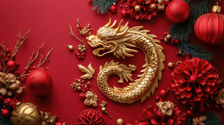 This vibrant image features a golden dragon decoration surrounded by festive holiday ornaments on a rich red background, ideal for seasonal themes and celebrations.の素材