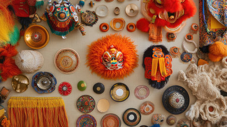 Explore an exquisite array of traditional craft items featuring bright colors and intricate designs, showcasing cultural heritage and artistic expression in a stunning layout.の素材