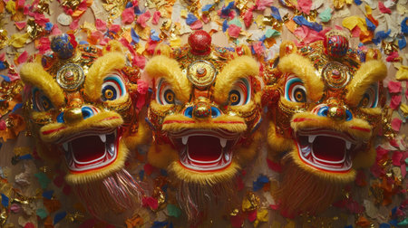 Three vibrant lion dance masks display intricate details on a colorful backdrop. These masks symbolize tradition and celebration in Asian culture. Perfect for festive themes!の素材