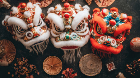 Three colorful traditional lion dance masks displayed creatively, embodying cultural heritage. These vibrant pieces reflect artistry and craftsmanship in festive celebrations.の素材