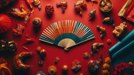 A stunning arrangement of vibrant decorative objects, including a colorful fan on a red surface, perfect for cultural celebrations and festive decor.の素材