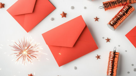 A vibrant arrangement of red envelopes, sparkling decorations, and a festive sparkler creates a cheerful atmosphere perfect for celebrations.の素材