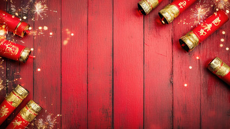 A vibrant red wooden background featuring decorative firecrackers and sparkling effects, perfect for festive celebrations and holiday events.の素材