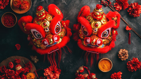 Stunning display of traditional Chinese lion dance masks in vibrant red, complemented by exquisite decorations, perfect for cultural celebration and festivities.の素材