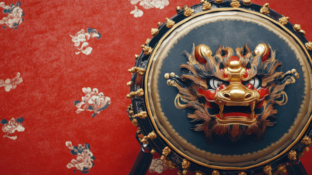 A stunning traditional Asian shield featuring a fierce golden lion head design. The vibrant red background enhances the intricate craftsmanship and cultural significance.の素材