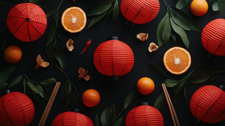 A captivating arrangement of vibrant red lanterns, fresh oranges, and lush green leaves on a dark surface, creating a festive and artistic atmosphere.の素材