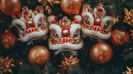 Explore vibrant Chinese lion dance masks adorned with festive decorations. This captivating display captures cultural essence and celebrates joyful festivities.の素材