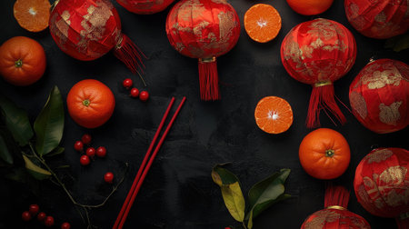 A vibrant arrangement of bright red lanterns and juicy oranges set against a dark background, perfect for celebrations and cultural festivals.の素材