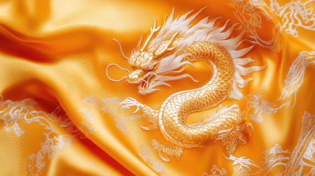 This stunning yellow silk fabric features exquisite dragon embroidery, showcasing rich colors and intricate details. Ideal for design and cultural projects.の素材
