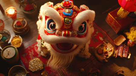 A vibrant lion dance costume showcases rich cultural heritage during a festive celebration. The intricate design captures joy and tradition in a lively performance.の素材