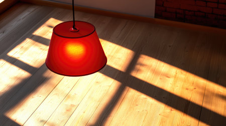 A bright red lamp hangs gracefully, casting intricate shadows on a warm wooden floor. The modern interior creates a cozy ambiance enhanced by natural light.の素材
