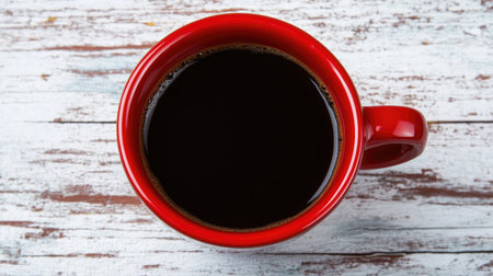 A top view of a vibrant red coffee mug filled with hot black coffee, placed on a rustic wooden table. Perfect for morning routines and cozy moments.の素材