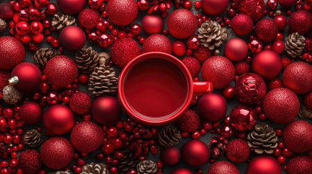 A vibrant arrangement of red holiday ornaments, pine cones, and a cozy mug. Perfect for winter scenes, festive gatherings, and seasonal celebrations.の素材