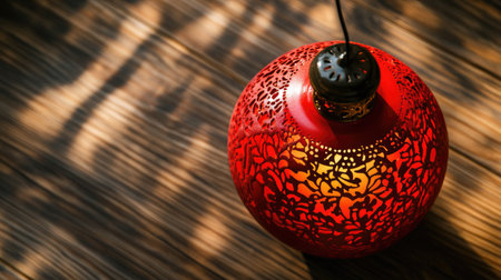 A beautiful red lantern featuring intricate cut-out designs rests on a wooden surface, casting delicate shadows and enhancing any space with warmth and charm.の素材