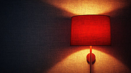 A striking red lamp emits a soft glow, illuminating a textured wall and casting warm shadows, creating a cozy and inviting atmosphere for any space.の素材