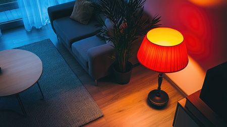This image captures a cozy living room scene with a stylish sofa, a vibrant lamp, and a soothing ambiance, ideal for relaxation and comfort.の素材