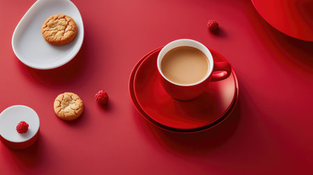 Indulge in a cozy coffee moment featuring a cup of coffee, delicious cookies, and fresh raspberries, all set against a striking red background.の素材