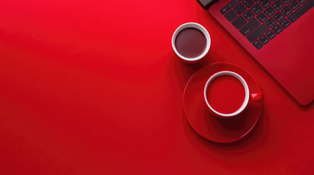 A vibrant red workspace featuring two coffee cups next to a sleek laptop. This cozy setup is perfect for creative inspiration and productivity.の素材
