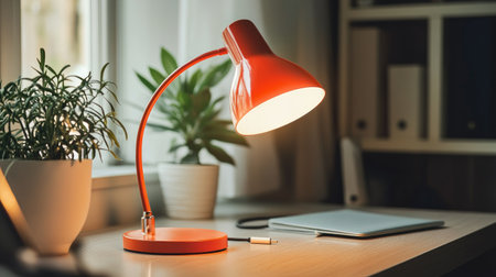 A vibrant red desk lamp illuminates a workspace beside a window, complemented by potted plants. The warm light creates a cozy atmosphere perfect for productivity and relaxation.の素材