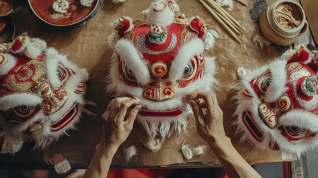 Skilled artisans meticulously create lion dance masks, showcasing vibrant colors and intricate details, capturing the essence of cultural heritage and festive traditions.の素材