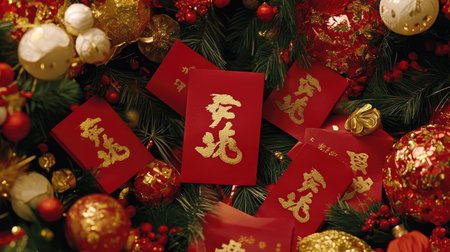 A captivating arrangement of festive red envelopes surrounded by Christmas decorations and shimmering ornaments, creating a warm, celebratory atmosphere.の素材