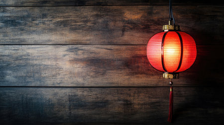 This image features a vibrant red paper lantern casting a warm glow against a rustic wooden background, creating a cozy and inviting atmosphere for various settings.の素材