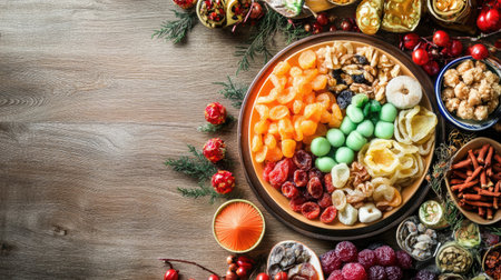 A vibrant arrangement of colorful dried fruits and nuts on a rustic wooden table, perfect for festive celebrations, healthy snacking, and sharing with loved ones.の素材
