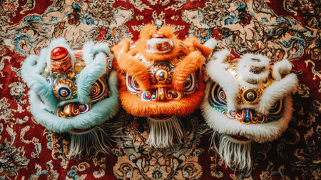 This vibrant image features three colorful lion dance heads arranged on a decorative rug, showcasing the intricate craftsmanship and cultural significance of this traditional art form.の素材