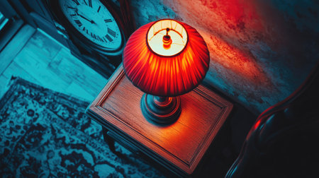 A cozy vintage lamp emits a warm glow, creating an inviting atmosphere in a dimly lit room. The elegant design and rich colors enhance home comfort.の素材