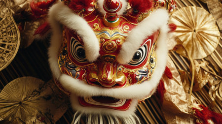 A striking traditional Asian dragon mask featuring intricate designs and vibrant colors. This decorative piece embodies cultural heritage and artistry, perfect for festive celebrations.の素材