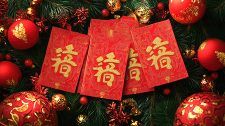 Vibrant red envelopes featuring gold characters are surrounded by Christmas ornaments, symbolizing prosperity and joy during festive celebrations. Perfect for holiday themes.の素材