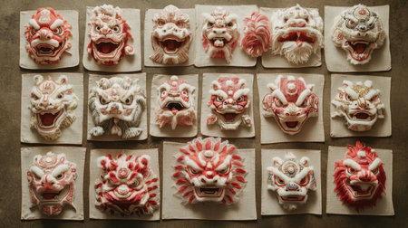 A stunning array of colorful traditional masks showcased on a neutral background. These intricate designs embody cultural heritage and artistic craftsmanship, perfect for visual storytelling.の素材