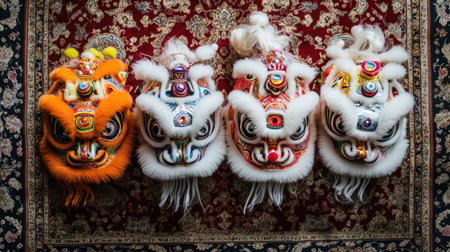 Four vibrant lion dance masks showcase intricate designs and vivid colors, resting on a traditional patterned carpet, symbolizing cultural heritage and artistry.の素材