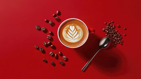 A vibrant image featuring a coffee cup with latte art placed on a bold red background. Surrounding coffee beans enhance the visually appealing scene.の素材