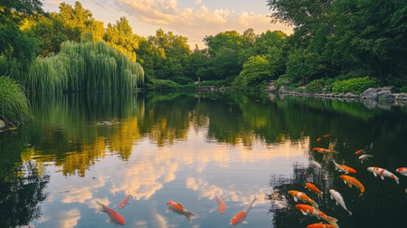 A tranquil garden scene featuring koi fish swimming gracefully in a serene pond. The vibrant colors reflect beautifully against the evening sky.の素材