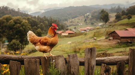 A charming brown chicken stands on a rustic wooden fence in a picturesque countryside setting, surrounded by green hills and farms.の素材