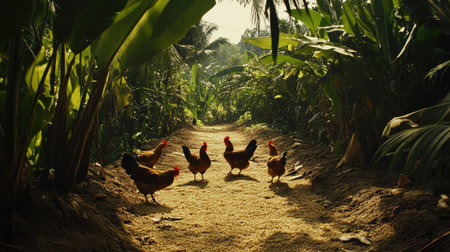 A group of chickens leisurely walks along a sandy path lined with lush greenery, basking in the warm sunlight of a serene rural landscape.の素材
