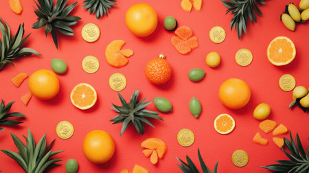 A vibrant flat lay featuring a variety of fruits against a striking red background. Oranges, pineapples, and limes create a colorful and eye-catching display, perfect for food themes.の素材