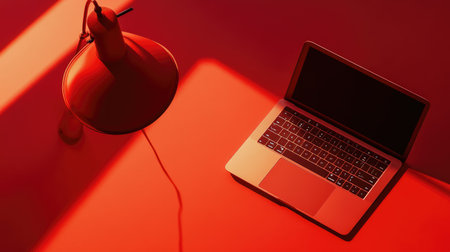 This image features a minimalist workspace showcasing a sleek laptop next to a modern red desk lamp, casting warm light over a vibrant surface. Perfect for illustrating productivity and creative work environments.の素材
