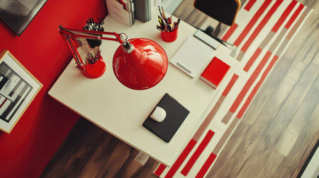 A vibrant workspace featuring a red lamp and stylish decor, designed for creativity and productivity. Perfect for inspiring a modern office environment.の素材
