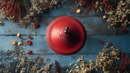 This image features a stunning red decorative object atop a blue wooden surface, surrounded by an arrangement of colorful dried flowers, creating a serene and inviting atmosphere.の素材