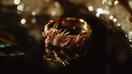 Close-up of a stunning golden dragon ring featuring intricate details and reflections. This elegant piece symbolizes power and creativity, perfect for unique jewelry collections.の素材