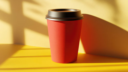 A striking red coffee cup sits on a vibrant yellow surface, casting dynamic shadows. This image captures the simplicity and beauty of a beverage experience.の素材